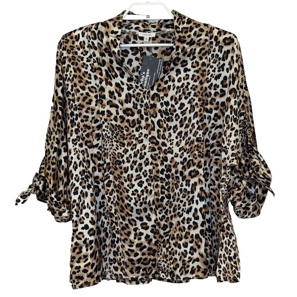 Jodifl Top Womens Sz Small Leopard Animal Print 3/4 Tie Sleeve V-Neck Oversized